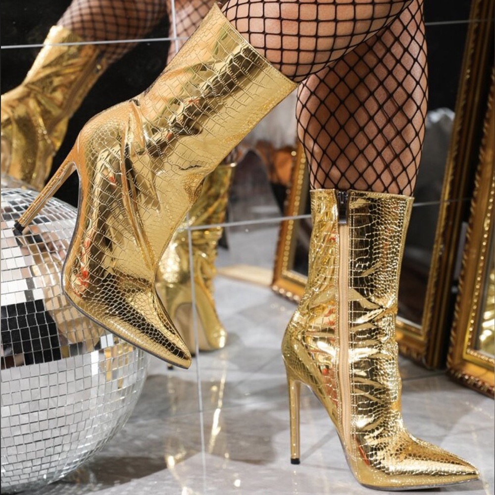 Sexy Bright Gold Metallic crocodile print zipper high heel stiletto boots New